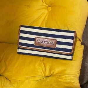 Nautica Navy and White Striped Wallet with Brown Trim and Logo Patch